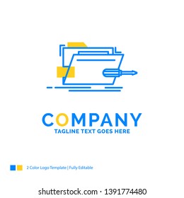 Folder, repair, skrewdriver, tech, technical Blue Yellow Business Logo template. Creative Design Template Place for Tagline.