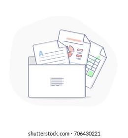 Folder, repository with documents, office work concept, light outline illustration for business template. Analytics data, statistics and financial results.