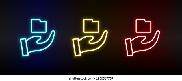 folder, save, storage, share neon icon set. Set of red, blue, yellow neon vector icon