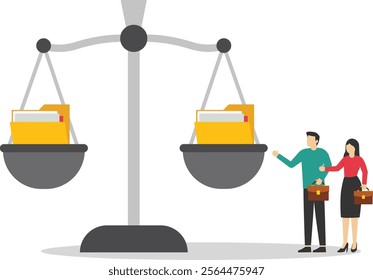 Folder with scales in balance. Arguments, evidence. Storage and indexing of information. User and data archive. Database, searching info. Modern vector illustration in flat style.


