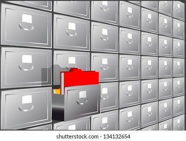 folder search. file cabinet with half-open drawers containing
