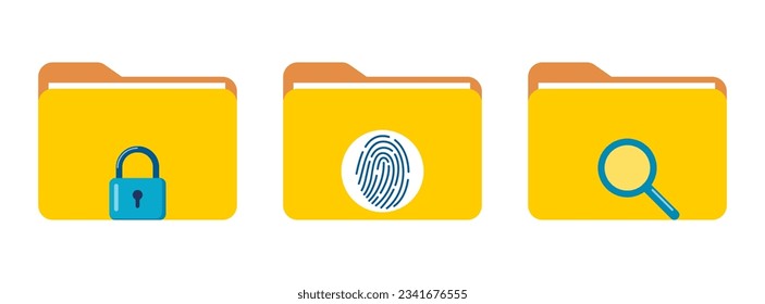 Folder with search icon, magnifying glass, lock and finger print protection, id authentication icon. Set of computer file folder symbols. Vector illustration