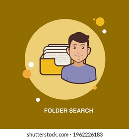 folder search with young man standing front view with document folder behind flat concept design