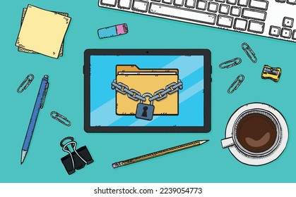 The folder, secured with a chain and padlock, is located on the ercan of the tablet. The tablet is lying on a desk in the office. Hand-drawn vector illustration.
