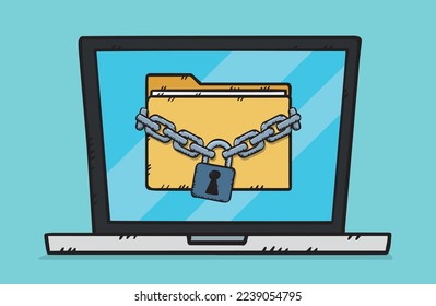The folder, secured with a chain and padlock, is located on the laptop's screen. Hand-drawn vector graphics.
