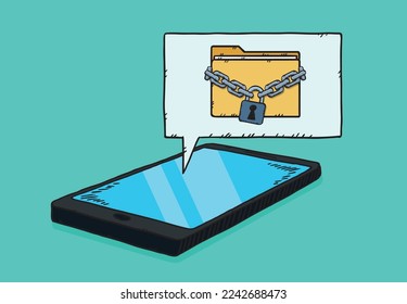 Ordner gesichert mit einer Kette und Schloss ist auf der Cloud über dem Telefon. Handgezeichnete Vektorgrafiken.
