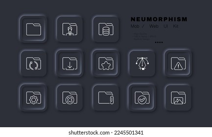 Folder set icon. Download, cloud storage, gear, setup, setting, upload, heart, like, percentage, discount buttons. Folders and files concept. Neomorphism style. Vector line icon for Business