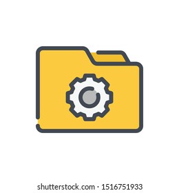 Icono de línea de color de administración y Configuraciones de carpetas. Carpeta con Vector de engranaje de contorno de signo colorido.