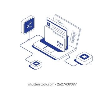 Folder share concept with laptop showing documents and files with share icon symbolizing data transfer in isometric line contour vector illustration.