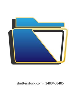 Folder sign illustration. Blue icon with gold contour with dark gray shadow at white background. Illustration.