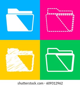 Folder sign illustration. Four styles of icon on four color squares.