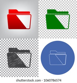 Folder sign illustration. Vector. 4 styles. Red gradient in radial lighted background, green flat and gray scribble icons on transparent and linear one in blue circle.