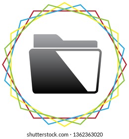 Folder sign illustration. Vector. Black icon with patch of light inside colorful hexagonal frames at white background.