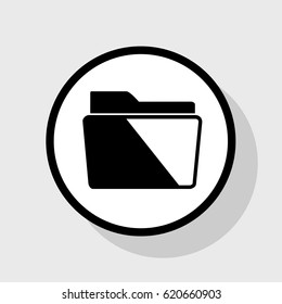 Folder sign illustration. Vector. Flat black icon in white circle with shadow at gray background.