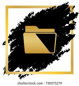 Folder sign illustration. Vector. Golden icon at black spot inside golden frame on white background.