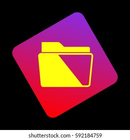 Folder sign illustration. Vector. Yellow icon at violet-red gradient square with rounded corners rotated for dynamics on black background.