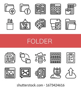 carpeta simple iconos definidos. Contiene iconos como Cargar, Papelería, Carpeta, Imagen, álbum de fotos, Papel, Cartera, Documento, Lista de empaquetado, que se pueden utilizar para web, móvil y logotipo
