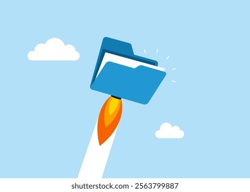 Folder skyrocket reaching record. Organize leadership skill or trust on work responsibility. Organize document files into archive folders. Modern flat style vector illustration