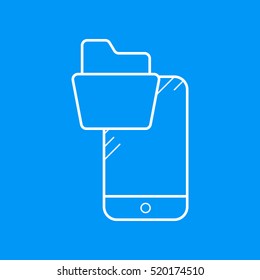 The folder in the smartphone. Files. Archive. Contour vector icons. Blue Background