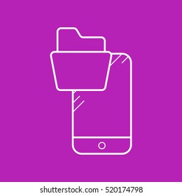 The folder in the smartphone. Files. Archive. Contour vector icons. Purple Background