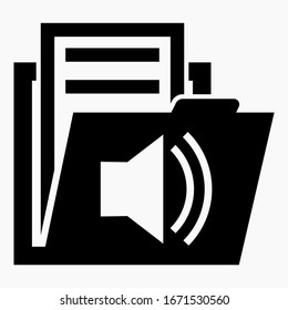 Icono de carpeta y altavoz. Colección de archivos de audio. Archivos de música de lista de reproducción. Icono del vector.