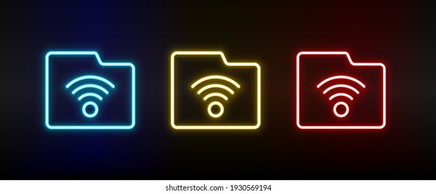 carpeta, almacenamiento, conjunto de iconos de neón inalámbrico. Icono de vector de neón rojo, azul, amarillo