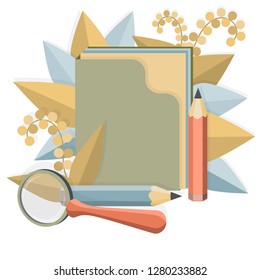 Folder for storing documents, a magnifying glass and two pencils on the background with floral patterns. Illustration for web design, marketing and print materials. Vector icons, data processing.