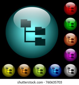 Folder structure icons in color illuminated spherical glass buttons on black background. Can be used to black or dark templates