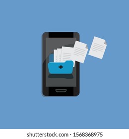 folder symbols on mobile with the Concept of file exchange network, data sharing service, information transfer, download and upload. Modern vector illustration