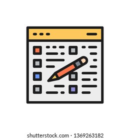 Folder tablet with pencil, clipboard, checklist flat color line icon.