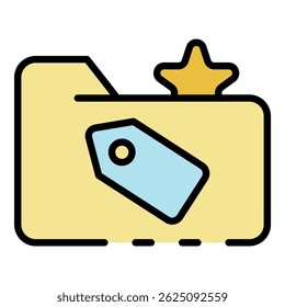 Folder with tag and star icon. Outline folder with tag and star vector icon color flat isolated