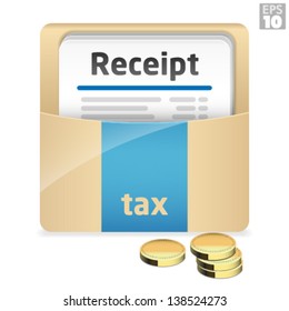 Folder with tax preparation documents, bookkeeping, organized receipts and gold coins