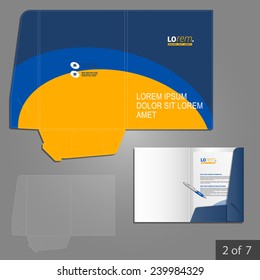 Folder template design for company with blue and yellow lines. Element of stationery.