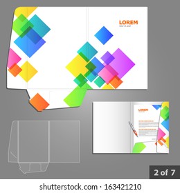 Diseño de plantilla de carpeta para empresa con elementos cuadrados de color. Elemento de papel.