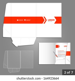 Folder template design for company with red arrows. Element of stationery.