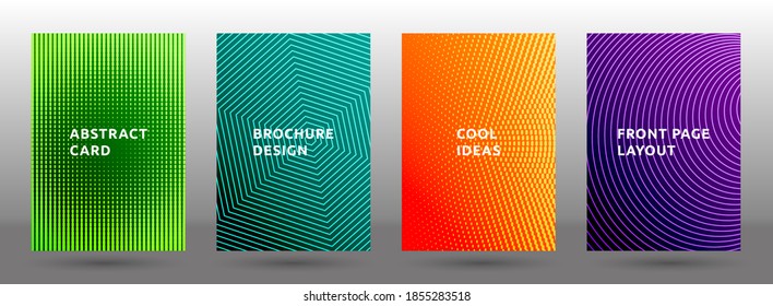 Folder templates vector collection. A4 halftone pattern covers. Front pages with halftone texture geometric design. Gradient business cover page layouts. Dynamic composition backgrounds.