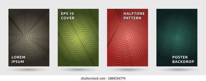 Folder templates vector collection. Abstract halftone pattern covers. Title pages with halftone waves texture geometric design. Gradient curve waves cover page layouts. Topographic backgrounds.