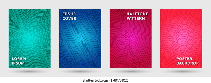 Folder templates vector collection. Trendy halftone pattern covers. Title pages with halftone waves texture geometric design. Gradient curve lines cover page layouts. Topographic backgrounds.