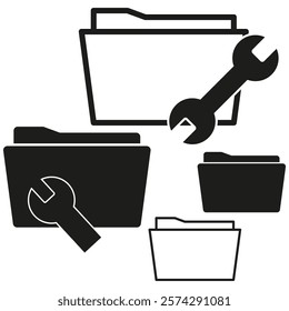 Folder and tools icon. File repair symbol. Black vector design. Isolated wrench and folder.