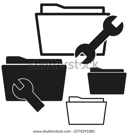 Folder and tools icon. File repair symbol. Black vector design. Isolated wrench and folder.