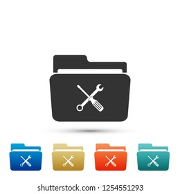 Folder and tools or settings icon isolated on white background. Folder with wrench and screwdriver sign. Computer technical service. Set elements in colored icons. Flat design. Vector Illustration