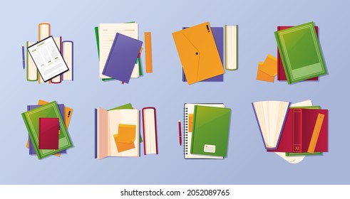 Folder top view. Books and paper covers business office supplies garish vector items fol library flat style pictures collection