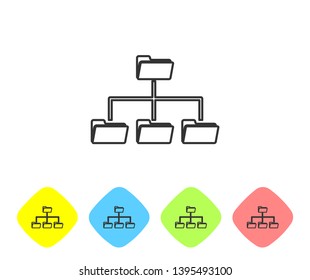 Folder tree line icon isolated on white background. Computer network file folder organization structure flowchart. Set icon in color rhombus buttons. Vector Illustration