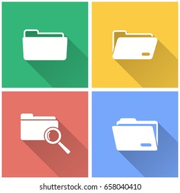 Folder vector icon with long shadow. White illustration isolated on color background for graphic and web design.