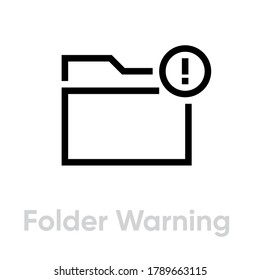 Folder warning icon. Editable vector stroke. Single pictogram. Danger folder symbol. Flat linear sign folder with exclamation mark in circle isolated on white background.