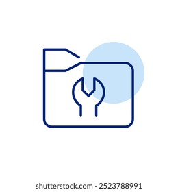 Carpeta con llave. Archivos en mantenimiento o reparación. Herramientas para la configuración y gestión de sistemas. Icono de Vector perfecto de píxeles