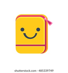 Folder With Zip Primitive Icon With Smiley Face. Office Or School Desk Supply Sticker In Simplified Childish Cartoon Vector Design Isolated On White Background