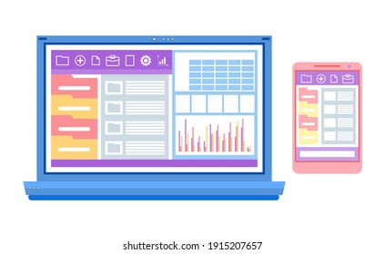 Folders and chart in laptop and touchscreen smartphone, interface of app archive for keeping files, statistics diagram, screen of digital gadget vector