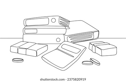 Folders with documents, calculator and money. Accountant's workplace. International Accounting Day. One line drawing for different uses. Vector illustration.