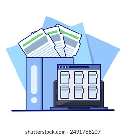 Folders with documents, file management administration, data archiving, electronic document management. Digital data files, storage systems, computer archives, information databases. flat vector.
